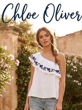 Chloe Oliver's One-Shoulder Ruffle Embroidered Top - White with Navy Floral Trim